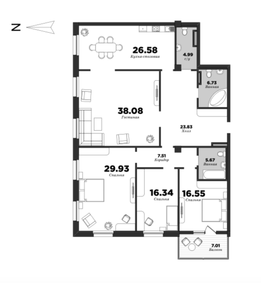 NEVA HAUS, Корпус 1, 4 спальни, 179.12 м² | планировка элитных квартир Санкт-Петербурга | М16